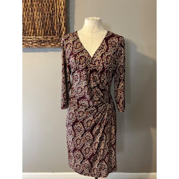 Laundry Design Faux Wrap Dress Stretch Career Church Washble Burgundy Orange Tan - Picture 5 of 13